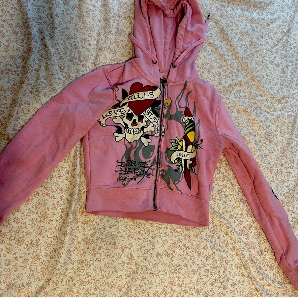 Ed Hardy Pink Hoodie with Skull Graphic